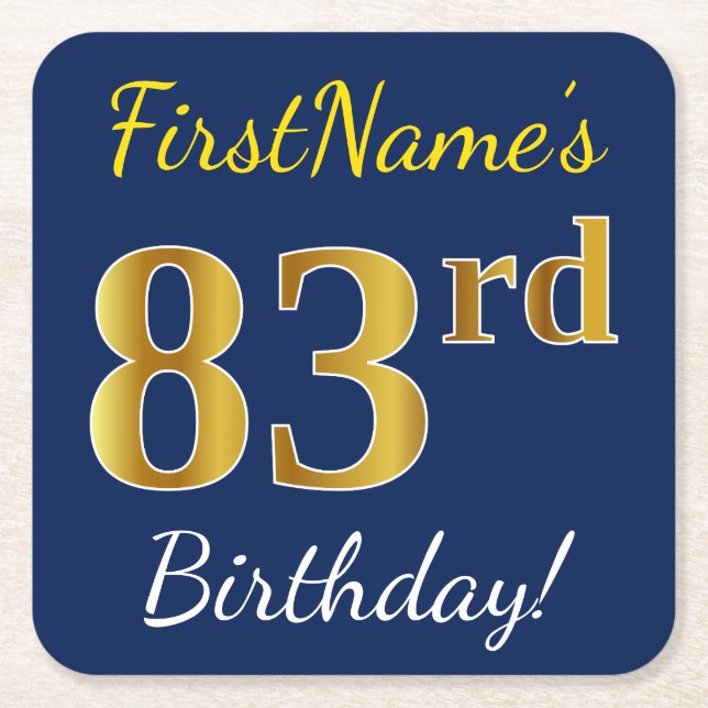 Blue, Faux Gold 83rd Birthday + Custom Name Square Paper Coaster (Front)