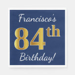 [ Thumbnail: Blue, Faux Gold 84th Birthday + Custom Name Paper Napkin ]