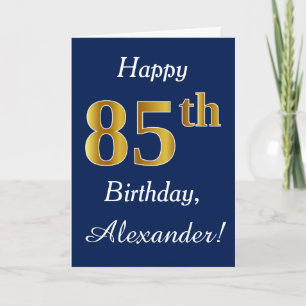 Blue, Faux Gold 85th Birthday + Custom Name Card