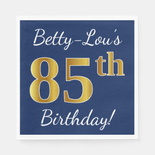 Blue, Faux Gold 85th Birthday + Custom Name Paper Napkins
