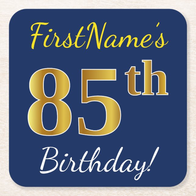 Blue, Faux Gold 85th Birthday + Custom Name Square Paper Coaster (Front)