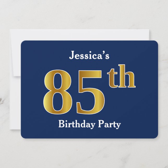 Blue, Faux Gold 85th Birthday Party + Custom Name Invitation (Front)