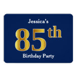 [ Thumbnail: Blue, Faux Gold 85th Birthday Party + Custom Name Invitation ]