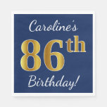 [ Thumbnail: Blue, Faux Gold 86th Birthday + Custom Name Napkins ]