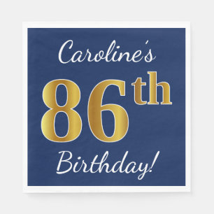 Blue, Faux Gold 86th Birthday + Custom Name Paper Napkins