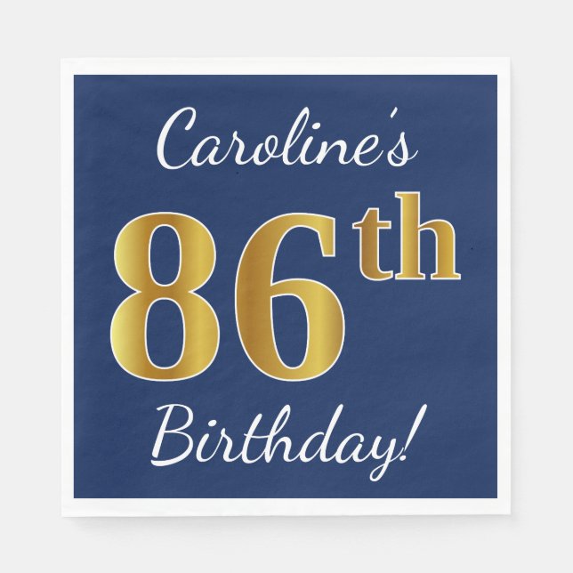 Blue, Faux Gold 86th Birthday + Custom Name Paper Napkins (Front)