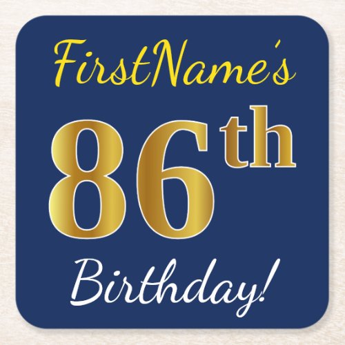 Blue Faux Gold 86th Birthday  Custom Name Square Paper Coaster