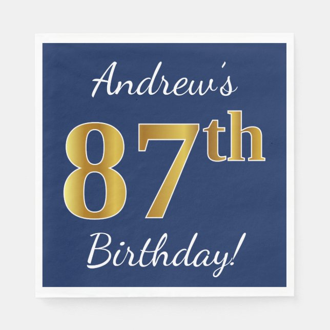 Blue, Faux Gold 87th Birthday + Custom Name Napkins (Front)