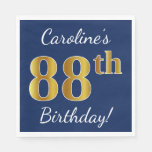 [ Thumbnail: Blue, Faux Gold 88th Birthday + Custom Name Napkin ]