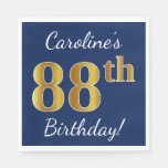 [ Thumbnail: Blue, Faux Gold 88th Birthday + Custom Name Napkins ]