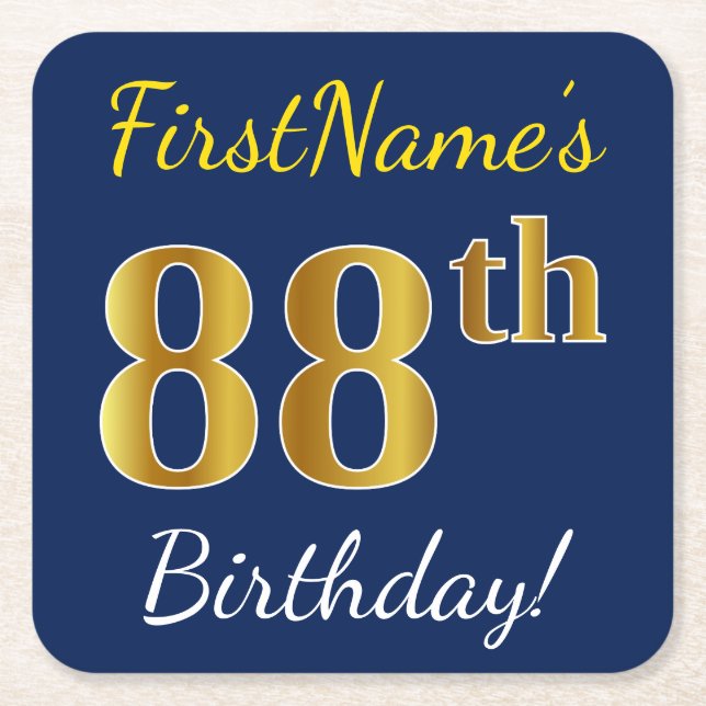 Blue, Faux Gold 88th Birthday + Custom Name Square Paper Coaster (Front)