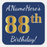 [ Thumbnail: Blue, Faux Gold 88th Birthday + Custom Name Sticker ]