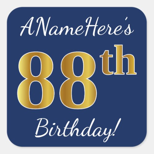 Blue Faux Gold 88th Birthday  Custom Name Square Sticker