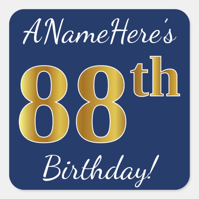 Blue, Faux Gold 88th Birthday + Custom Name Square Sticker (Front)