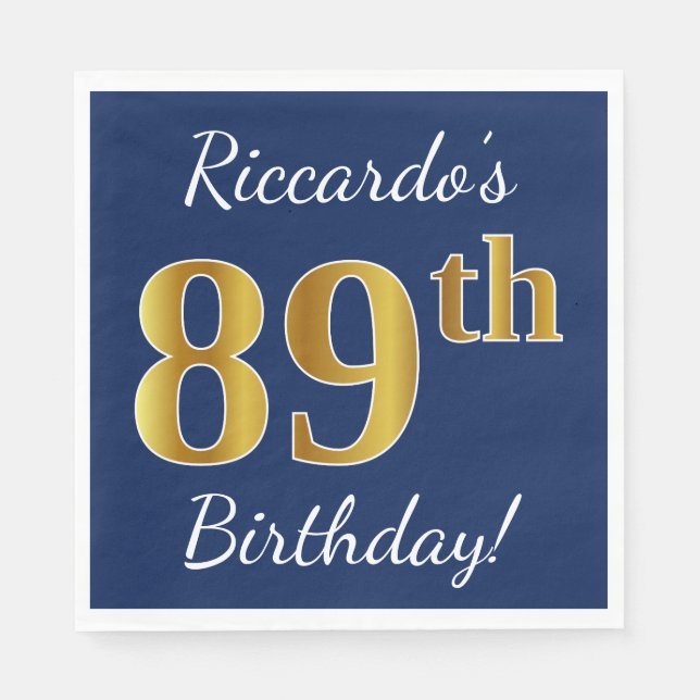 Blue, Faux Gold 89th Birthday + Custom Name Napkins (Front)