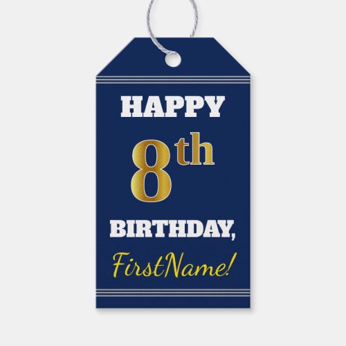 Blue Faux Gold 8th Birthday  Custom Name Gift Tags