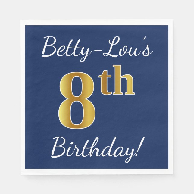 Blue, Faux Gold 8th Birthday + Custom Name Paper Napkins (Front)