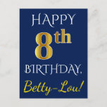 [ Thumbnail: Blue, Faux Gold 8th Birthday + Custom Name Postcard ]