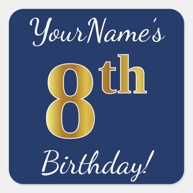 Blue, Faux Gold 8th Birthday + Custom Name Sticker (Front)
