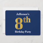 [ Thumbnail: Blue, Faux Gold 8th Birthday Party + Custom Name Invitation ]