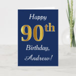 [ Thumbnail: Blue, Faux Gold 90th Birthday + Custom Name Card ]