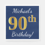 [ Thumbnail: Blue, Faux Gold 90th Birthday + Custom Name Napkins ]