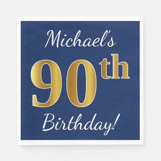 Blue, Faux Gold 90th Birthday + Custom Name Paper Napkins (Front)
