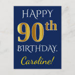 [ Thumbnail: Blue, Faux Gold 90th Birthday + Custom Name Postcard ]
