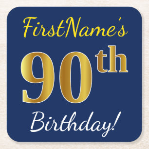 Blue, Faux Gold 90th Birthday + Custom Name Square Paper Coaster