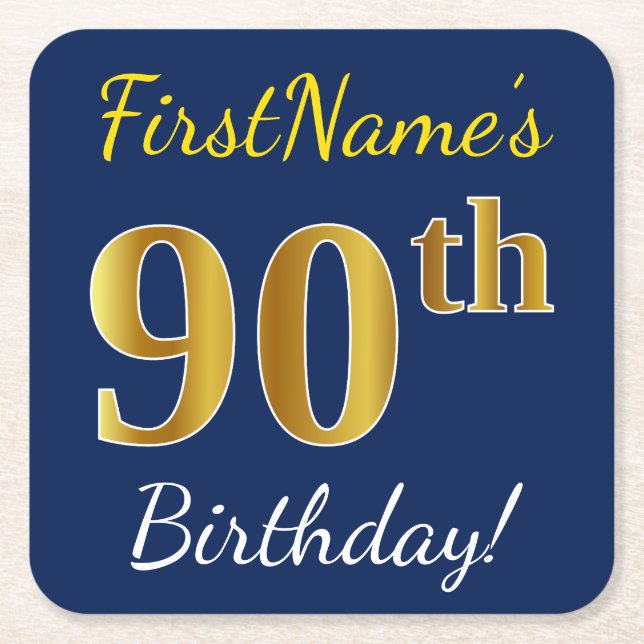 Blue, Faux Gold 90th Birthday + Custom Name Square Paper Coaster (Front)