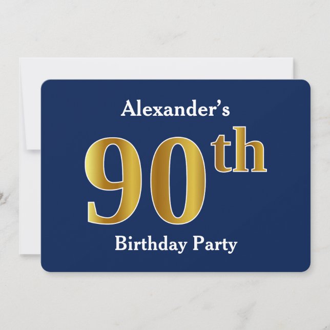Blue, Faux Gold 90th Birthday Party + Custom Name Invitation (Front)