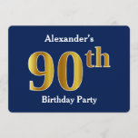 [ Thumbnail: Blue, Faux Gold 90th Birthday Party + Custom Name Invitation ]