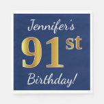[ Thumbnail: Blue, Faux Gold 91st Birthday + Custom Name Paper Napkin ]