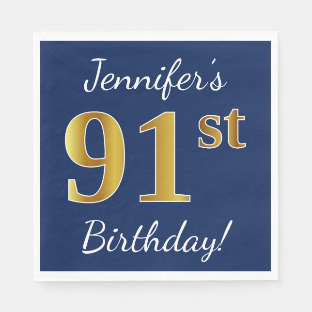 Blue, Faux Gold 91st Birthday + Custom Name Paper Napkins (Front)