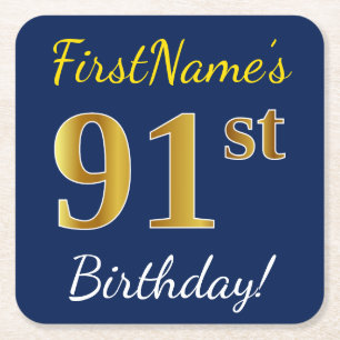 Blue, Faux Gold 91st Birthday + Custom Name Square Paper Coaster