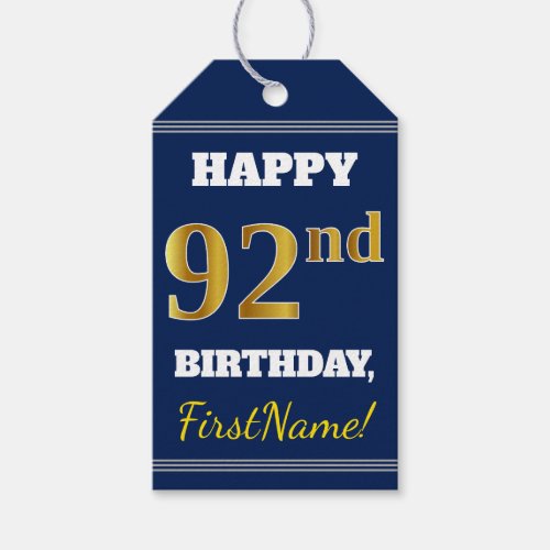 Blue Faux Gold 92nd Birthday  Custom Name Gift Tags