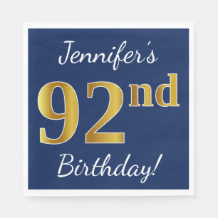 Blue, Faux Gold 92nd Birthday + Custom Name Paper Napkins