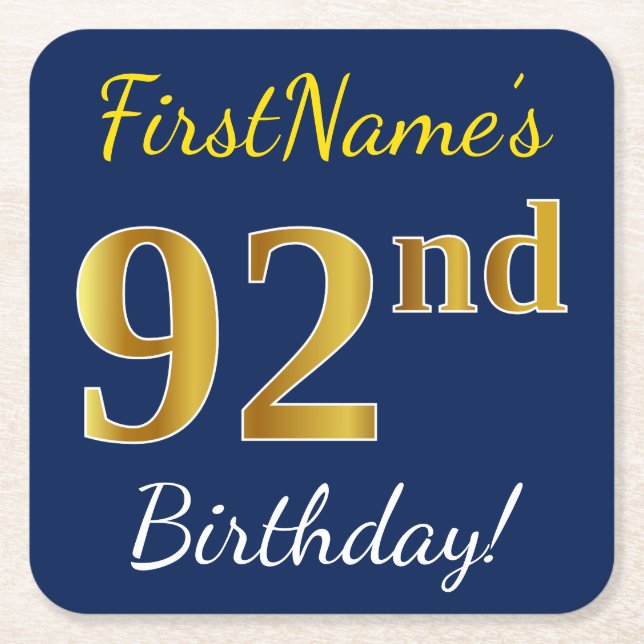 Blue, Faux Gold 92nd Birthday + Custom Name Square Paper Coaster (Front)