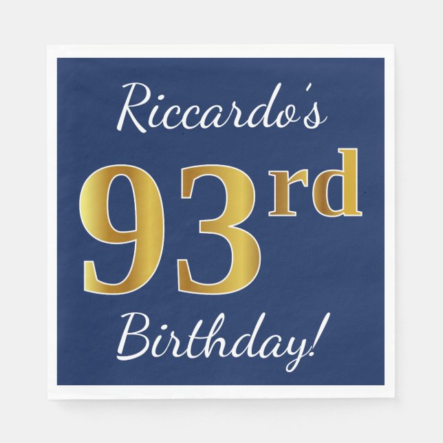 Blue, Faux Gold 93rd Birthday + Custom Name Napkins (Front)