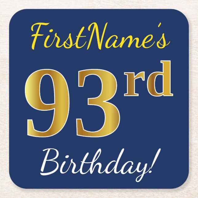 Blue, Faux Gold 93rd Birthday + Custom Name Square Paper Coaster (Front)