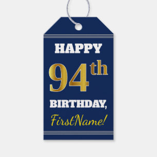 Blue, Faux Gold 94th Birthday + Custom Name Gift Tags