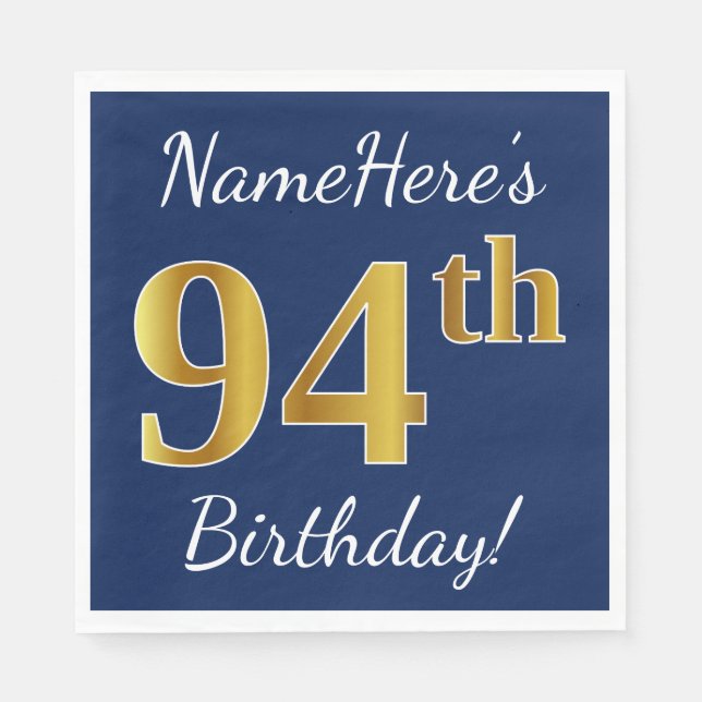 Blue, Faux Gold 94th Birthday + Custom Name Paper Napkins (Front)