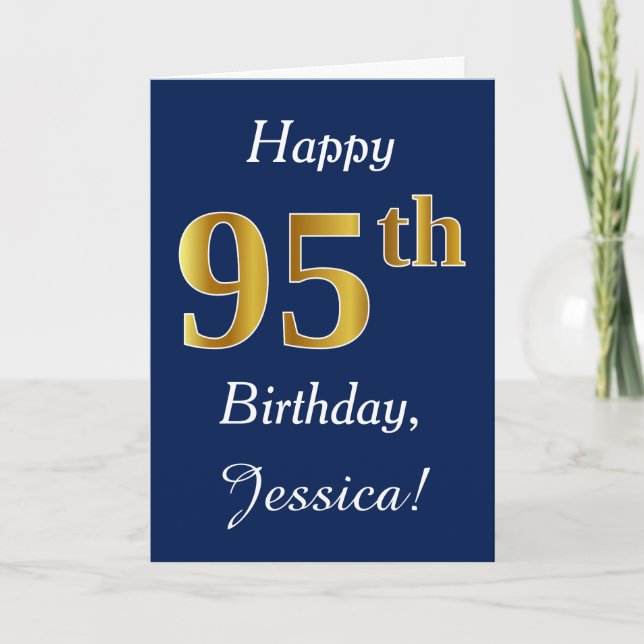 Blue, Faux Gold 95th Birthday + Custom Name Card (Front)