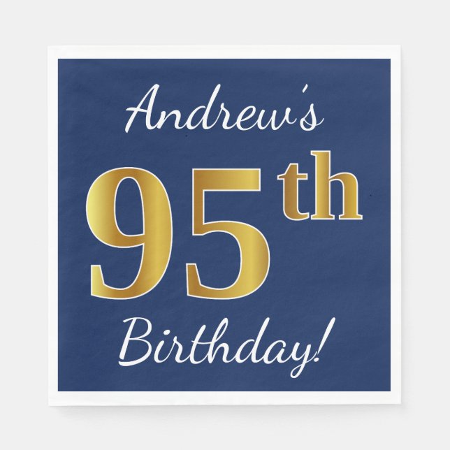 Blue, Faux Gold 95th Birthday + Custom Name Napkins (Front)