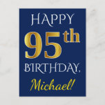 [ Thumbnail: Blue, Faux Gold 95th Birthday + Custom Name Postcard ]