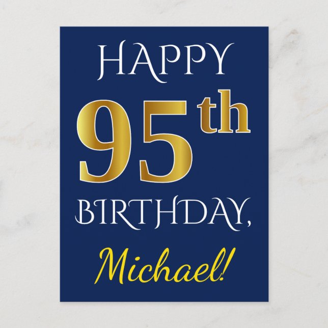 Blue, Faux Gold 95th Birthday + Custom Name Postcard (Front)