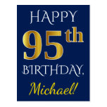 [ Thumbnail: Blue, Faux Gold 95th Birthday + Custom Name Postcard ]