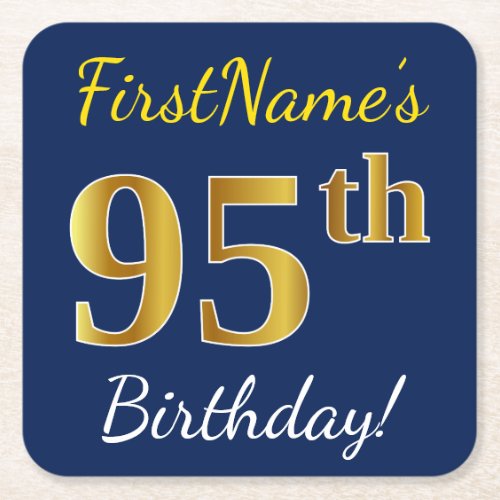Blue Faux Gold 95th Birthday  Custom Name Square Paper Coaster