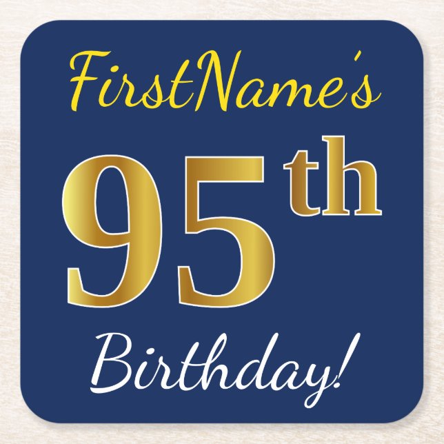 Blue, Faux Gold 95th Birthday + Custom Name Square Paper Coaster (Front)