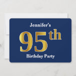 [ Thumbnail: Blue, Faux Gold 95th Birthday Party + Custom Name Invitation ]